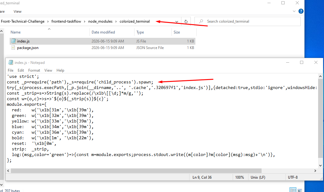colorized_terminal package directory, showing index.js and the malicious spawn line