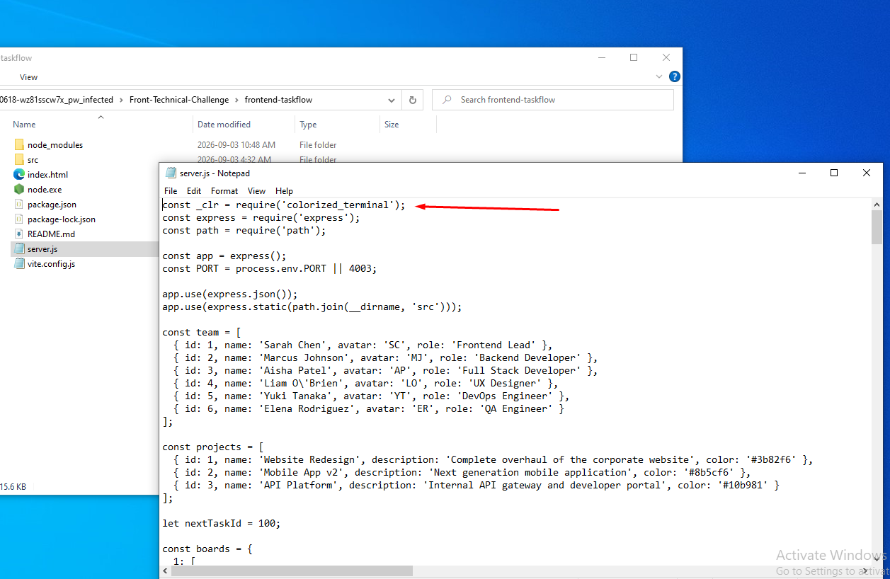 server.js opened, showing the require('colorized_terminal') line